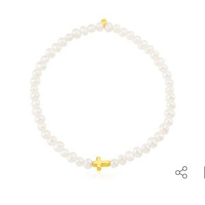 TOUS Gold Sweet Dolls XXS Bracelet with Pearls & Cross
